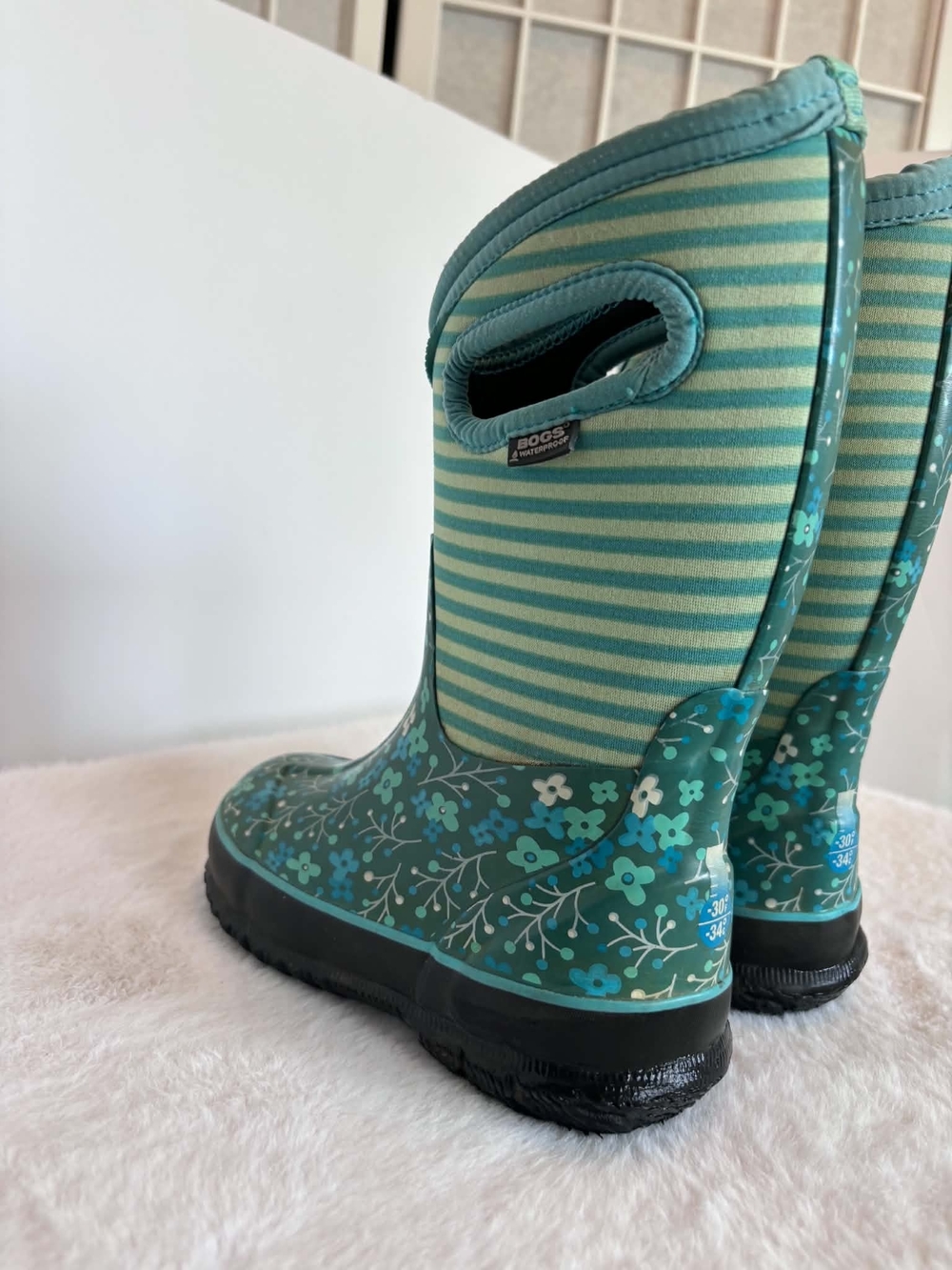 Bogs Kids Teal Floral Stripe Waterproof Rain Boots